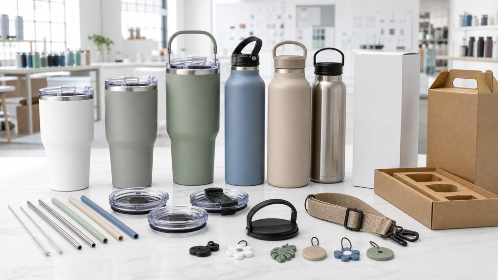 Custom drinkware finishes, lids, straws, charms and packaging options