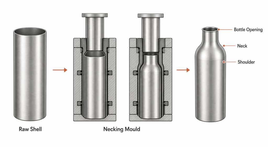 Necking forming process for stainless‑steel drinkware, manufacturing bottle shoulder, neck and opening