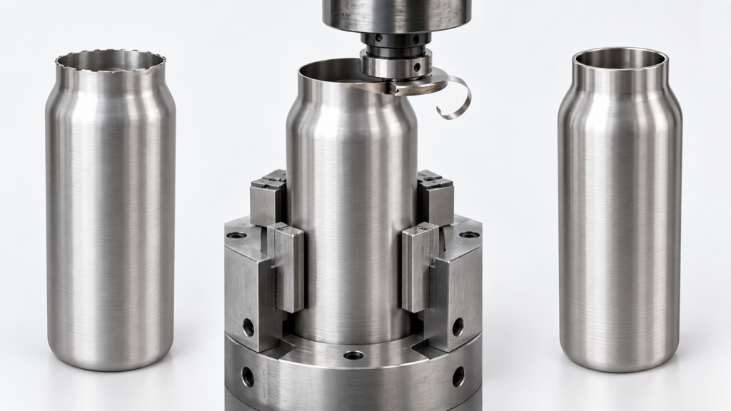 Stainless steel drinkware shell trimming and mouth forming process