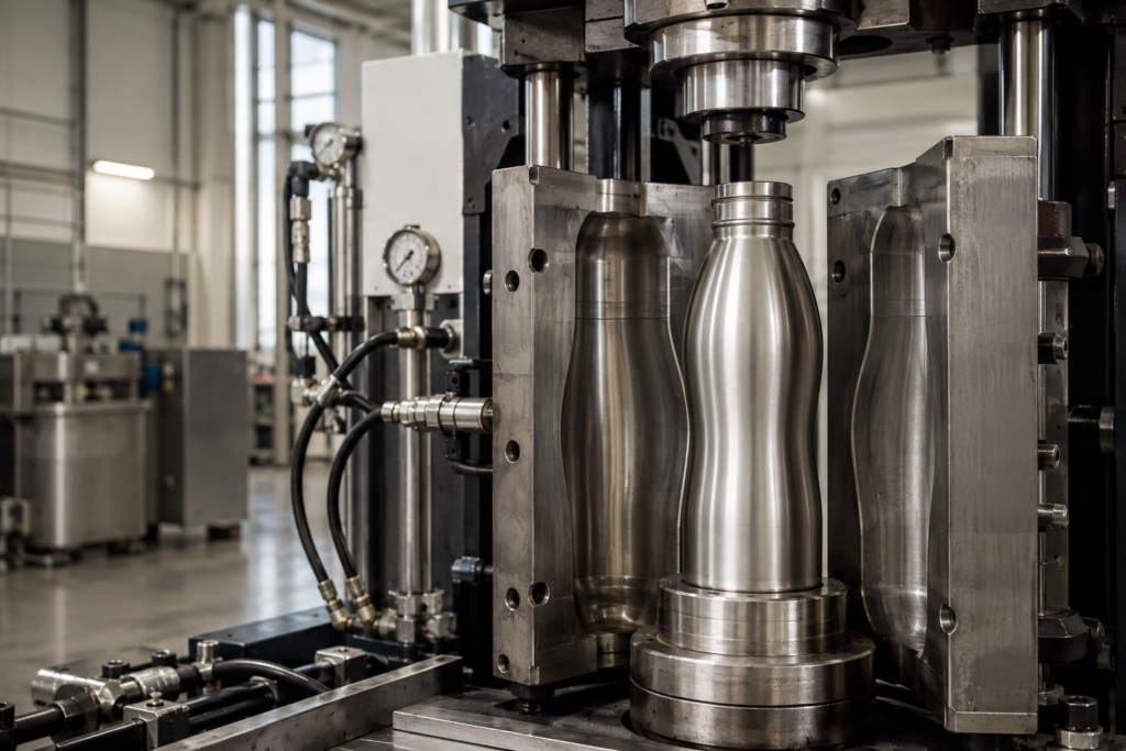 Stainless steel drinkware shell undergoing hydroforming in a precision mold